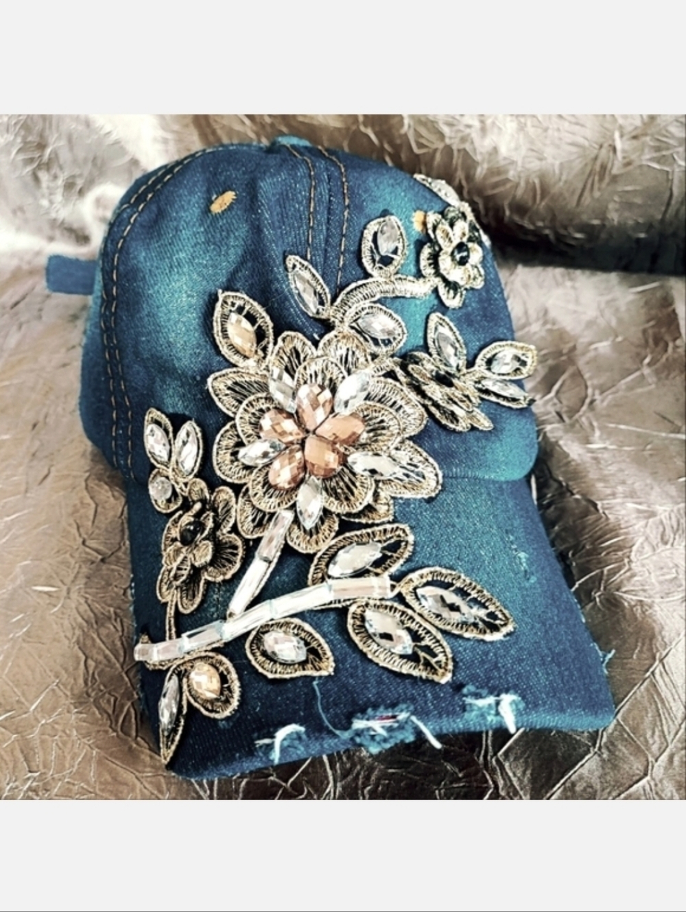 Denim Jeans Baseball Cap Ladies Women's Distressed Lace Applique Rhinestones NEW